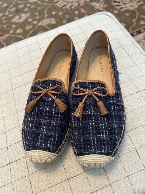 Talbots Shoes - Talbots Navy Tweed Slip-On Espadrille Loafers with Tan Trim and Tassels